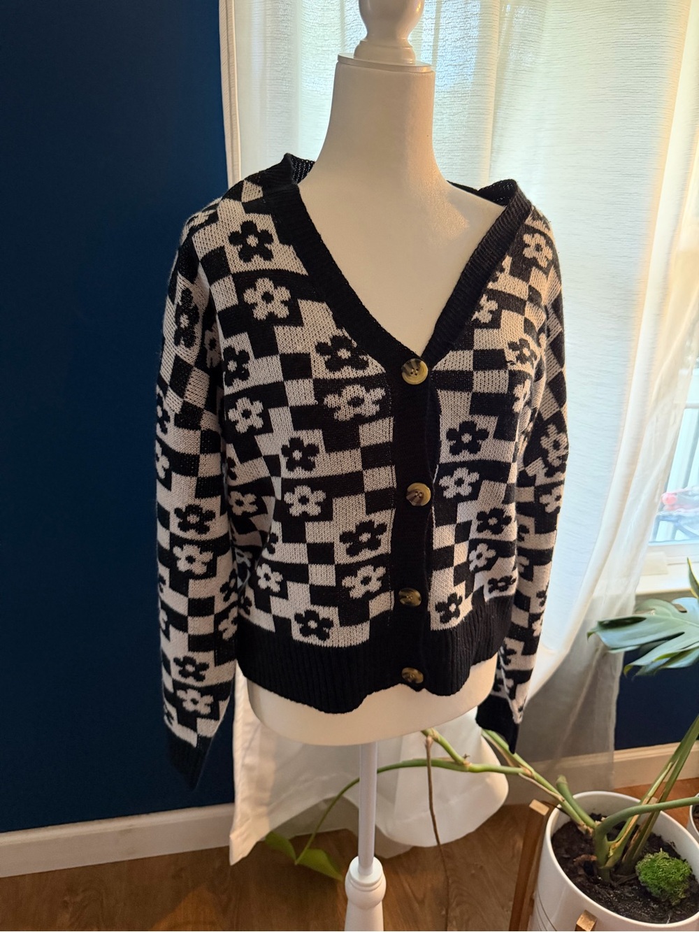 Black and White Floral Check V-Neck Cardigan Sweater